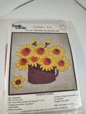 NEW VTG 70s Family Circle Crewel Kit "Sunshine Basket" 14x14 Picture Pillow Top